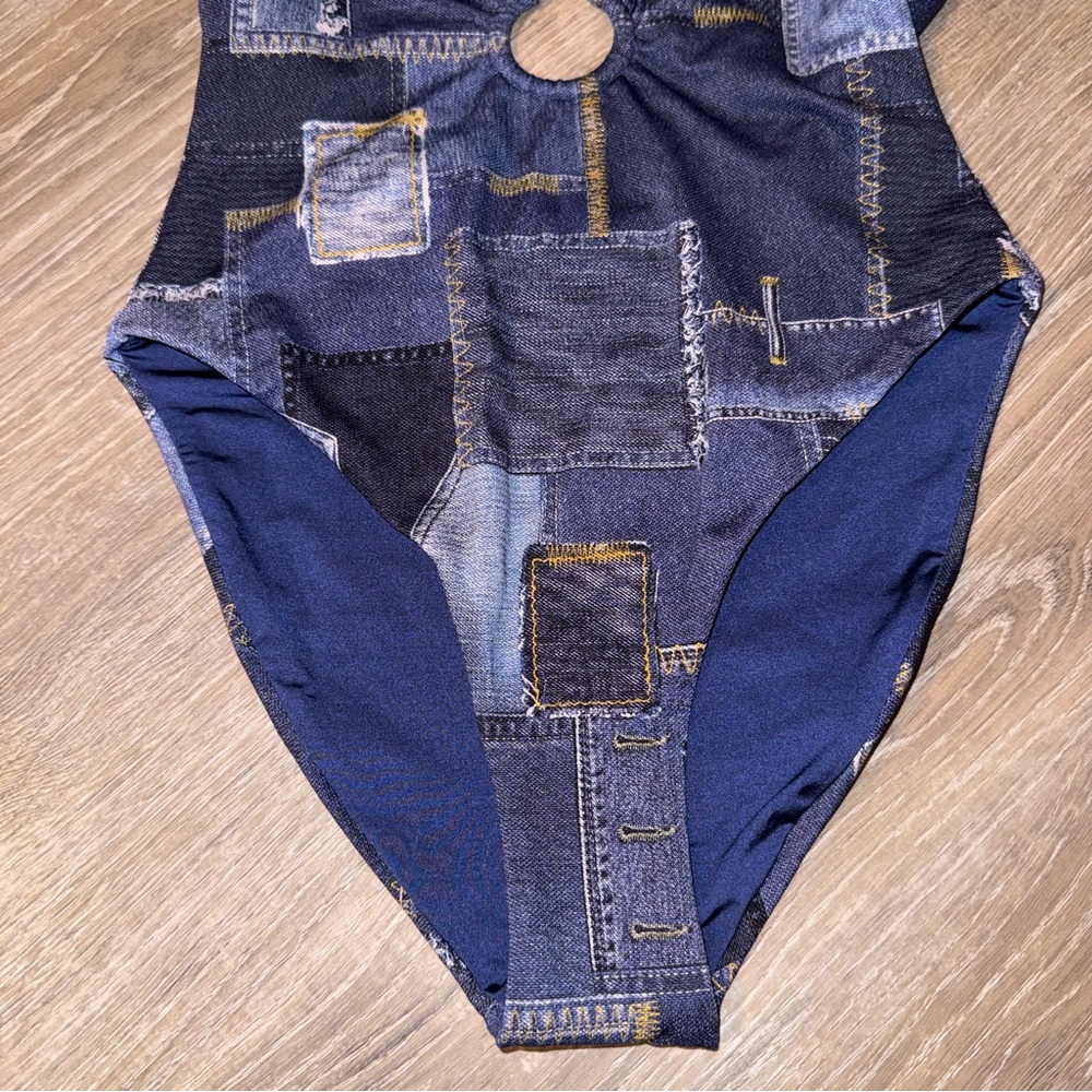 WeWoreWhat collar racerback denim patchwork one piece swimsuit blue XS NWT - Picture 8 of 15